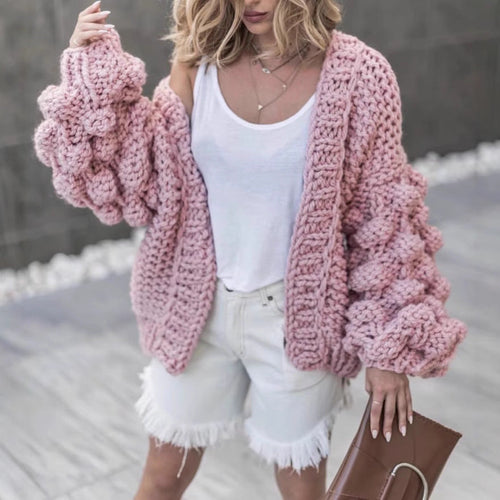 Damen Grob gestrickter Oversized Cardigan mit voluminösen Ärmeln W&W Mode