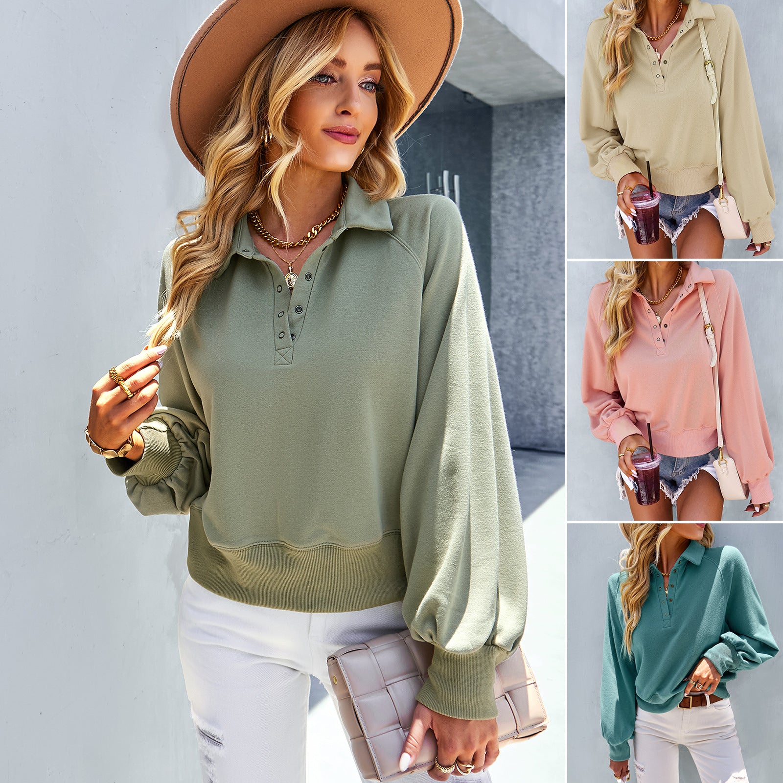 Damen sportlicher Pullover mit oversized Ärmeln und Kragen WW