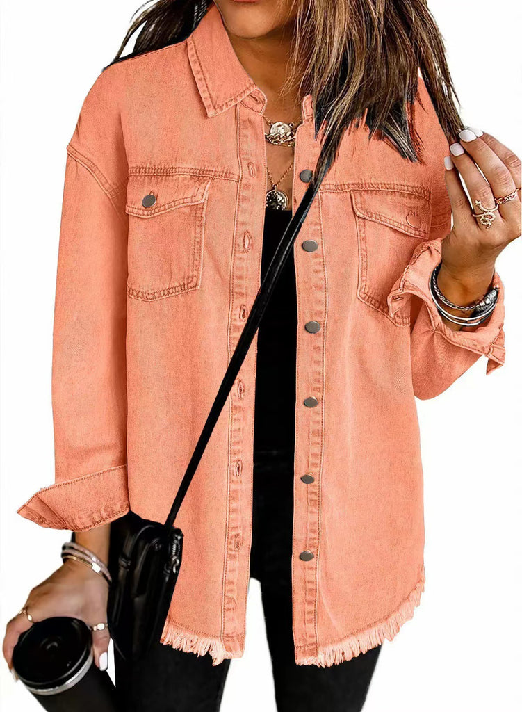 Damen Oversized Jeanshemd mit Fransen WW