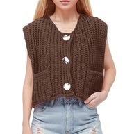 Damen Strickweste mit praktischen Taschen und dekorativen Holzknöpfen WW