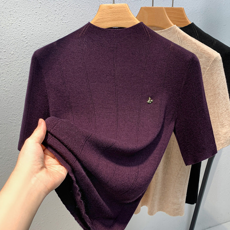 Damen Kurzarm-Pullover mit strukturiertem Rippdesign und elegantem Stehkragen WW