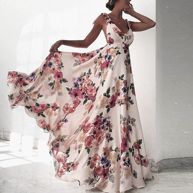 W&W Mode | Bedrucktes Langarmloses Spaghettiträgerkleid mit großem Saum