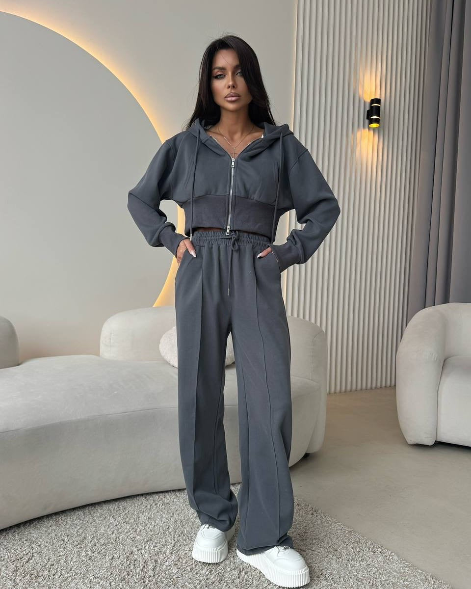 Damen sportliches Cropped Sweat-Set mit elastischem Bund und hohen Taschen WW