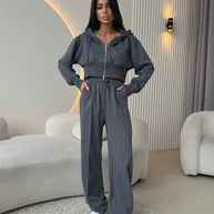 Damen sportliches Cropped Sweat-Set mit elastischem Bund und hohen Taschen WW