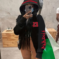 Damen Sportliche Kapuzenjacke mit auffälligem Schnitt und detailreicher Grafik WW
