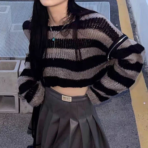 Damen lässiger Cropped Strickpullover mit Streifenmuster W&W Mode