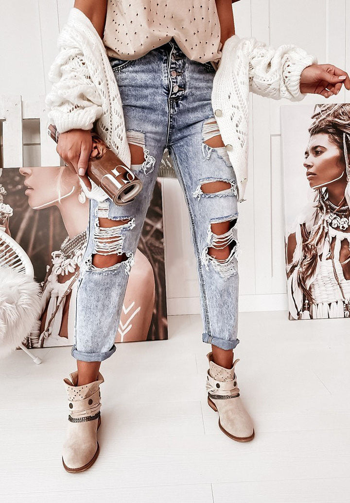 Damen Destroyed Boyfriend Jeans im lässigen Vintage-Stil mit hohem Bund W&W Mode