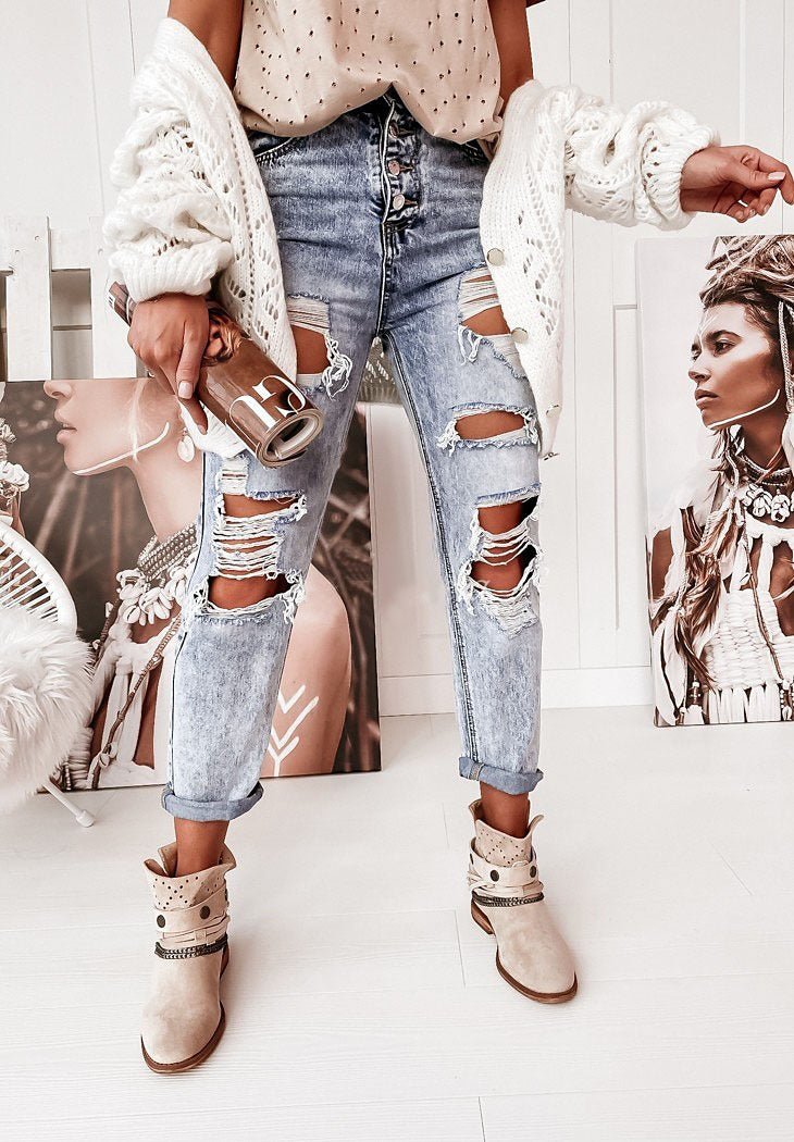 Damen Destroyed Boyfriend Jeans im lässigen Vintage-Stil mit hohem Bund WW
