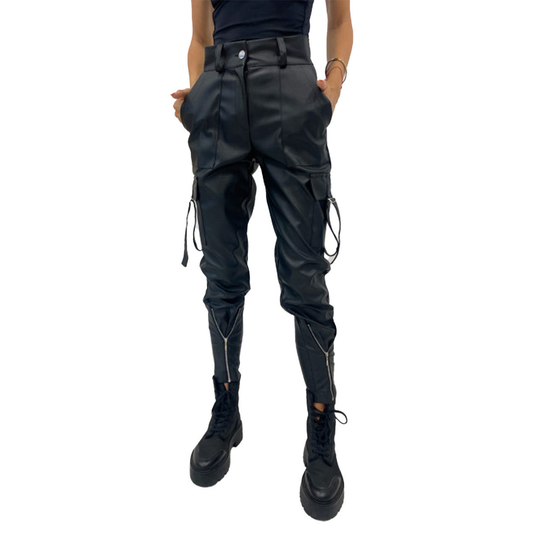 Damen wasserdichte Kunstleder-Cargo-Hose mit Reißverschlüssen und verstellbaren Bündchen W&W Mode