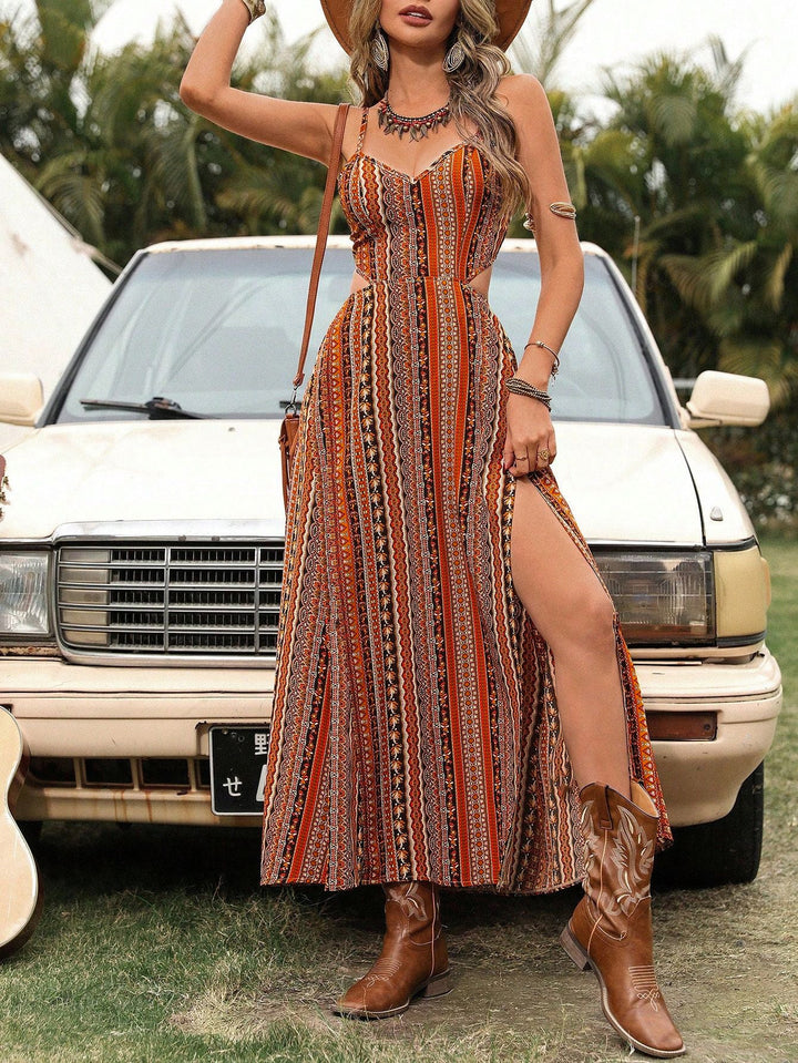Damen Boho Maxikleid mit ausgeschnittenen Seiten und verstellbaren Trägern W&W Mode