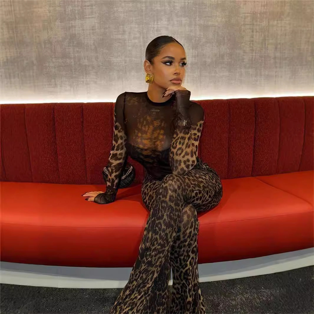 WW | Leopard-Print Langarm-Top und Hosen-Set