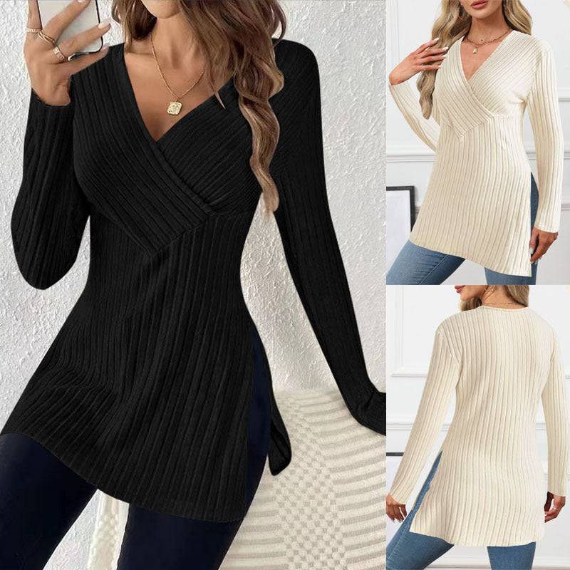 Damen elegantes Langarmshirt mit Wickeldesign und strukturierter Rippoptik WW