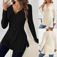 Damen elegantes Langarmshirt mit Wickeldesign und strukturierter Rippoptik WW