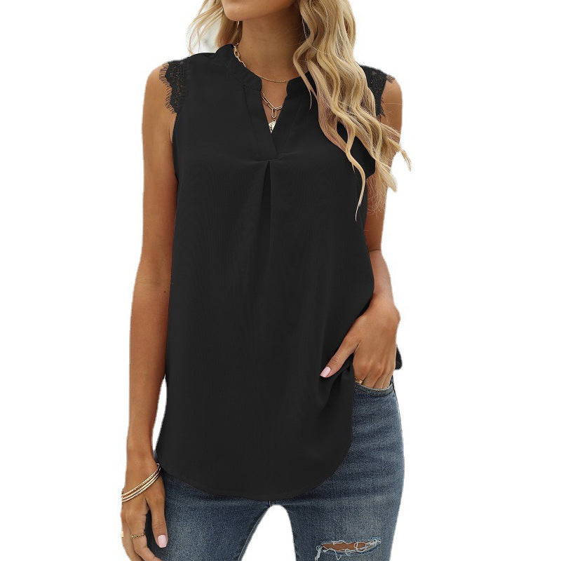 Damen ärmelloses Blusenshirt mit elegantem Spitzeneinsatz und modischen Falten WW