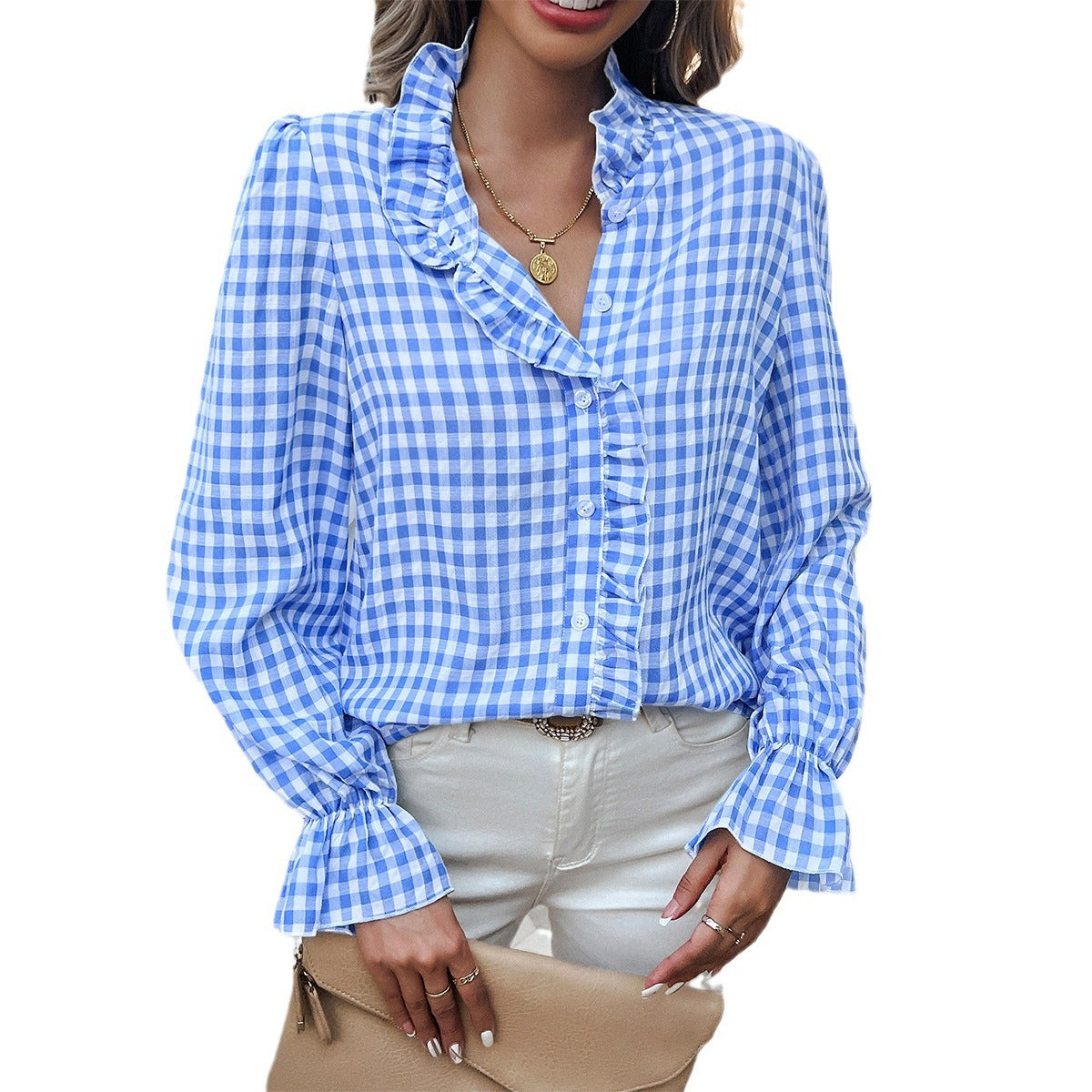 Damen Karierte Bluse mit Rüschendetails und Knopfleiste WW