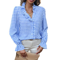 Damen Karierte Bluse mit Rüschendetails und Knopfleiste WW