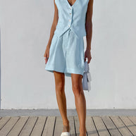 Damen luftiges Leinen-Set mit ärmellosem Blazer und Shorts WW