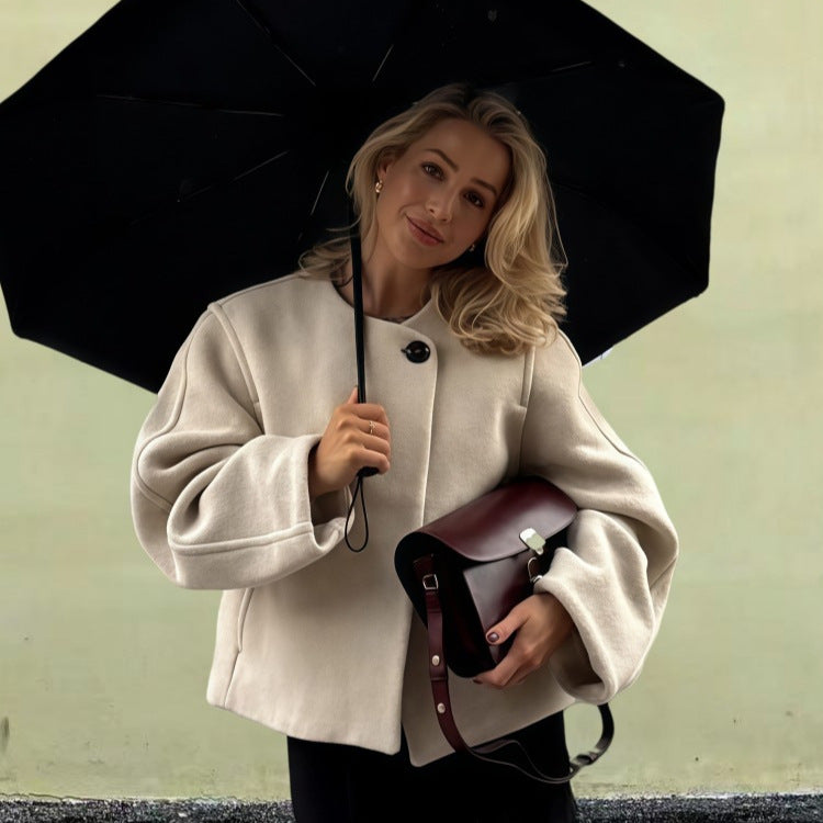 Damen Wickeljacke mit weiten Ärmeln und dekorativem Knopf WW