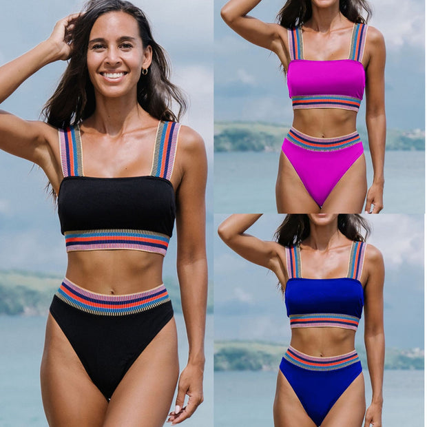 Damen Bikini-Set mit breiten, farbenfrohen Trägern und hohem Bund WW