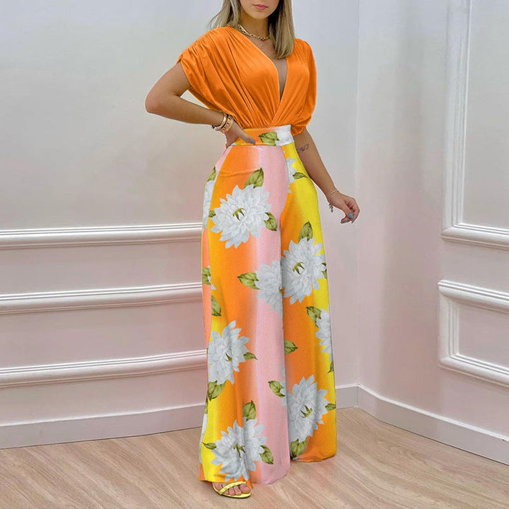 Damen Jumpsuit mit tiefem V-Ausschnitt und weitem Bein W&W Mode