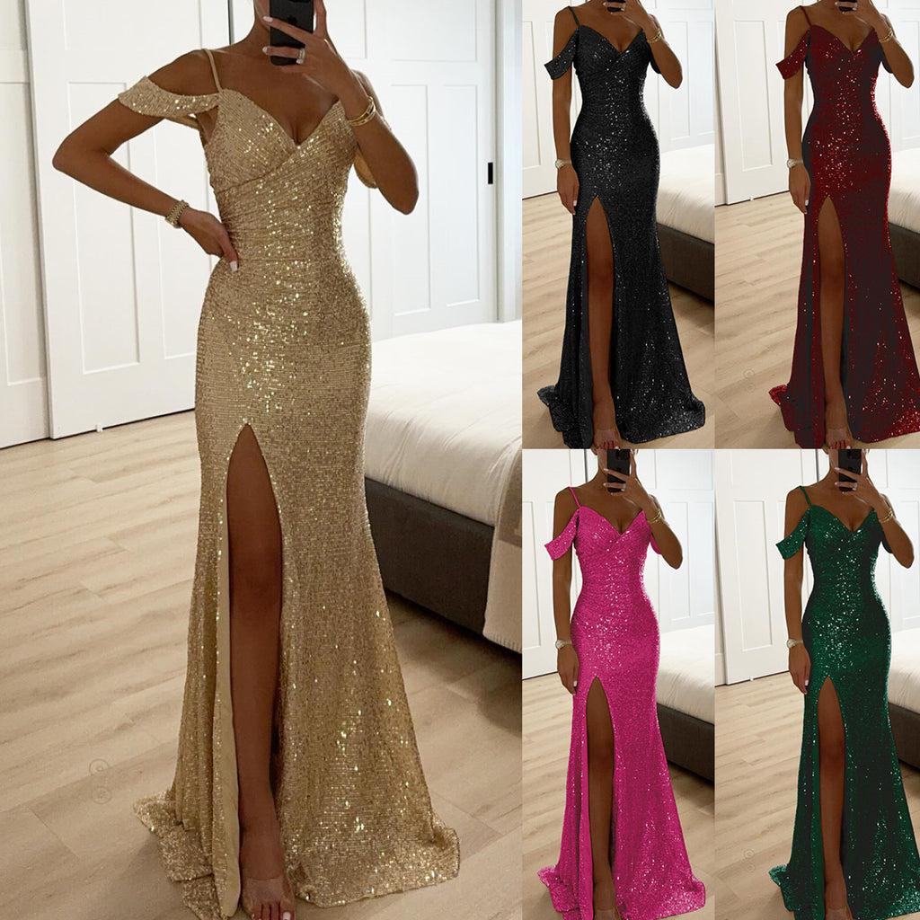 Damen Glamouröses Abendkleid mit funkelndem Paillettenbesatz und elegantem Schlitz WW