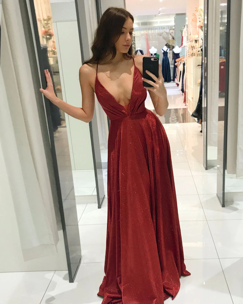 Damen Glamouröses Abendkleid mit tiefem V-Ausschnitt und schimmerndem Stoff WW
