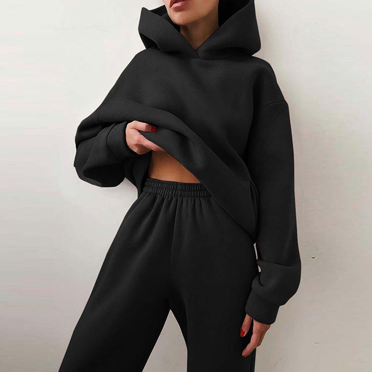 Femme Übergroße Fleecegefütterte Kapuzenjacke und Jogginganzug Set WW