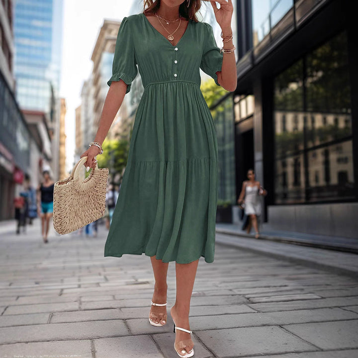 Damen Midi-Kleid mit knöpfbarem V-Ausschnitt und luftigen Puffärmeln W&W Mode
