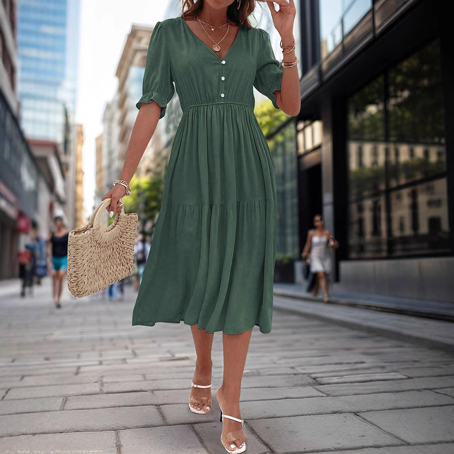 Damen Midi-Kleid mit knöpfbarem V-Ausschnitt und luftigen Puffärmeln WW