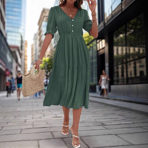 Damen Midi-Kleid mit knöpfbarem V-Ausschnitt und luftigen Puffärmeln W&W Mode