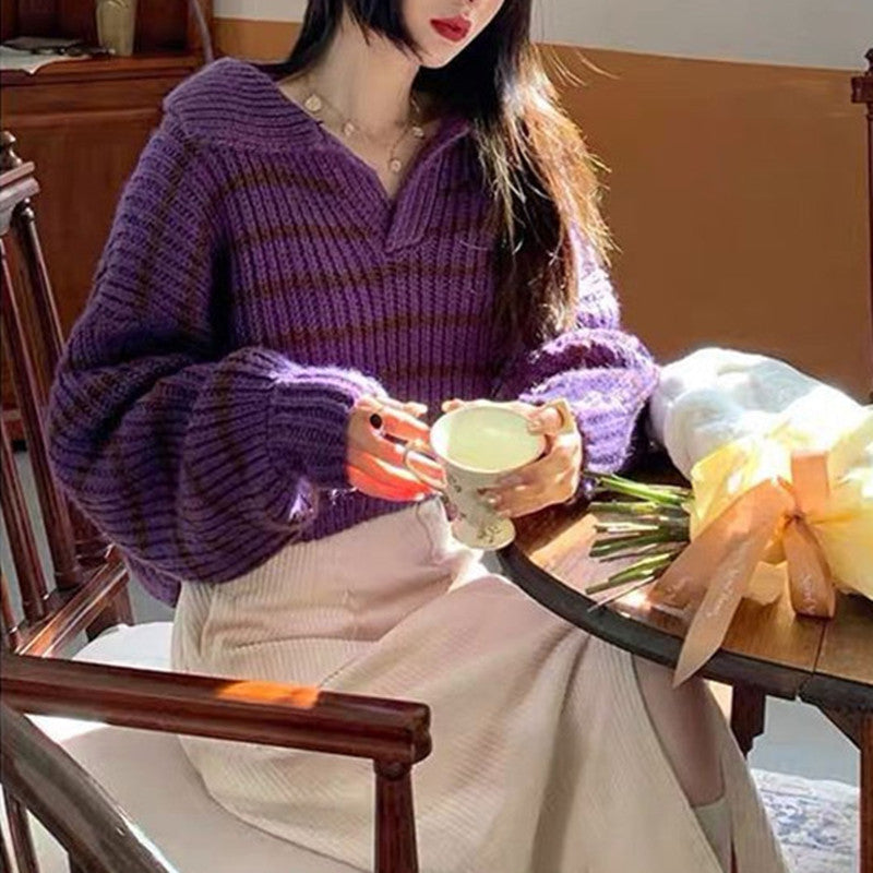 Damen Strickpullover mit lässigem Kragen und attraktiven Streifen WW