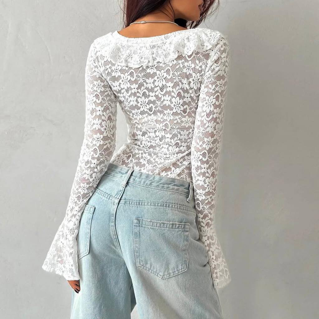 Damen Spitzenbodysuit mit verspieltem Rüschendetail und V-Ausschnitt WW