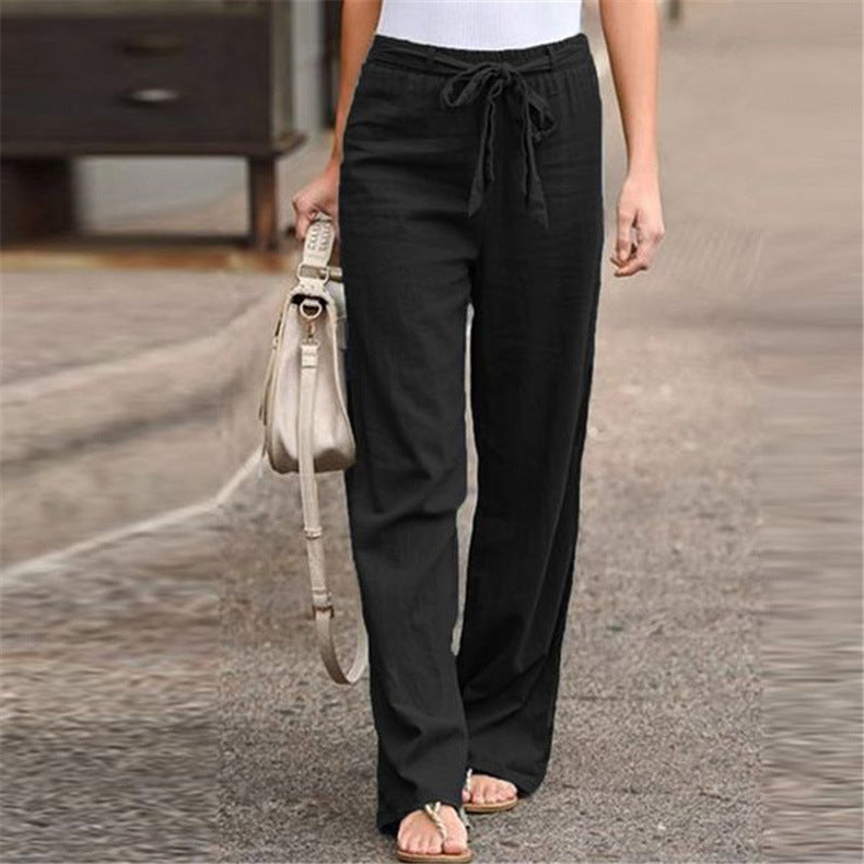 Damen bequeme Leinenhose mit elastischem Bund und verstellbarem Bindegürtel WW