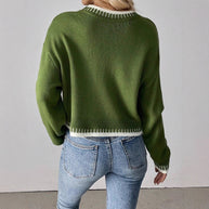 Damen Bequemer Strickpullover mit modischem Rundhalsausschnitt und farblich abgesetzten Details WW