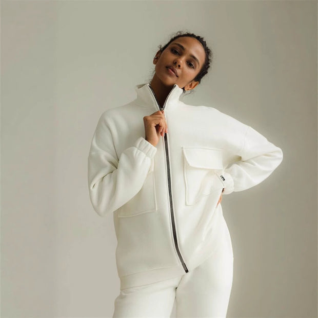 Damen bequeme Fleece-Jacke mit hohem Kragen und praktischen Taschen WW