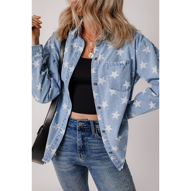 Damen Jeanshemd mit Sternen-Muster und praktischer Brusttasche WW
