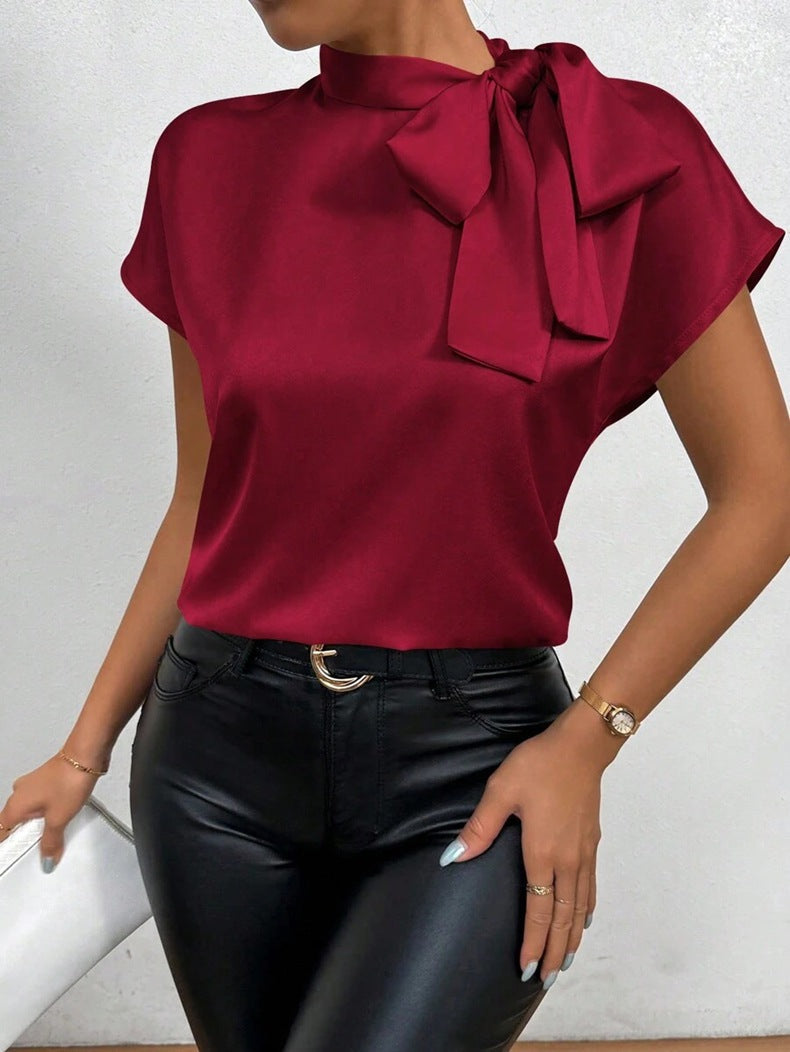 WW | Satinbluse Kurzarm Hoher Kragen Mit Schleife Eleganter Entspannter Schnitt