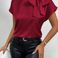 WW | Satinbluse Kurzarm Hoher Kragen Mit Schleife Eleganter Entspannter Schnitt