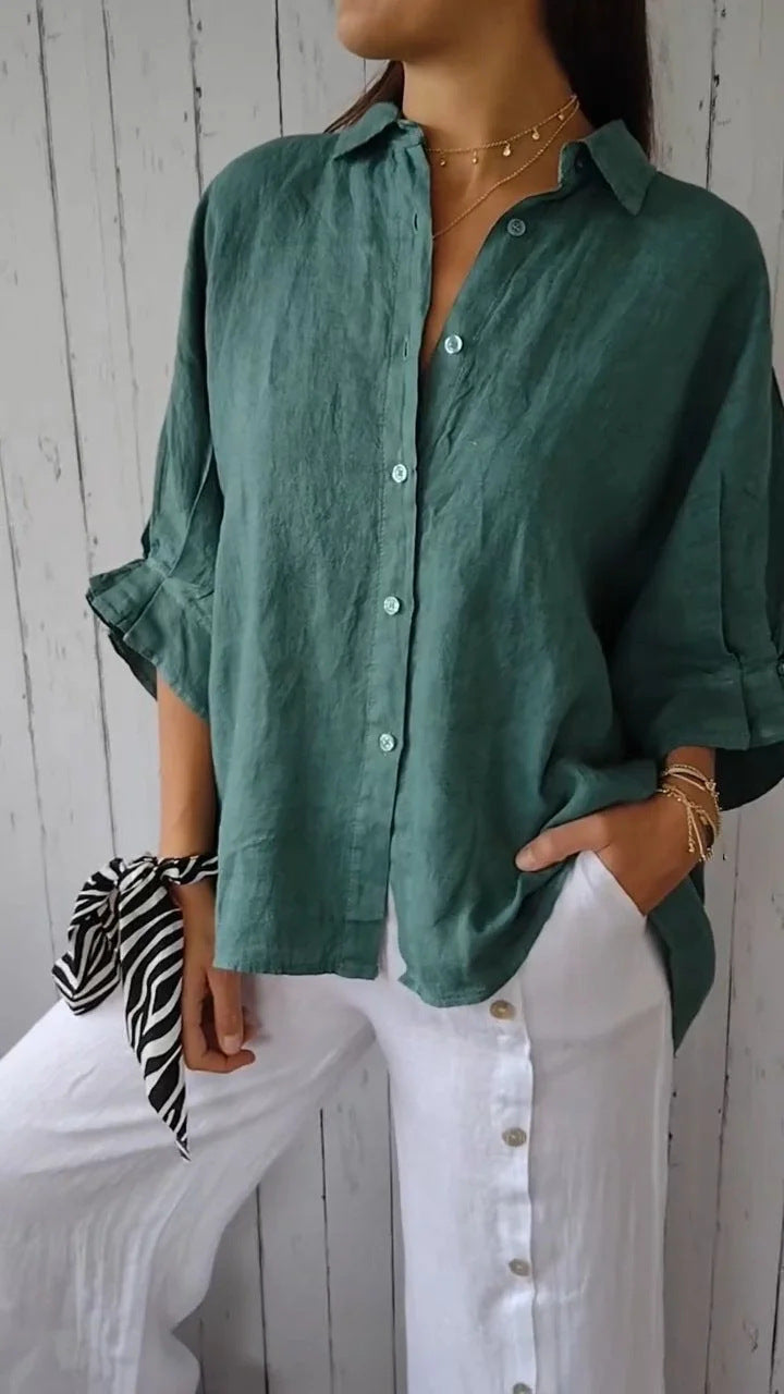 Damen lässige Bluse aus Leinen mit Knopfleiste und seitlichen Taschen WW