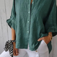 Damen lässige Bluse aus Leinen mit Knopfleiste und seitlichen Taschen WW