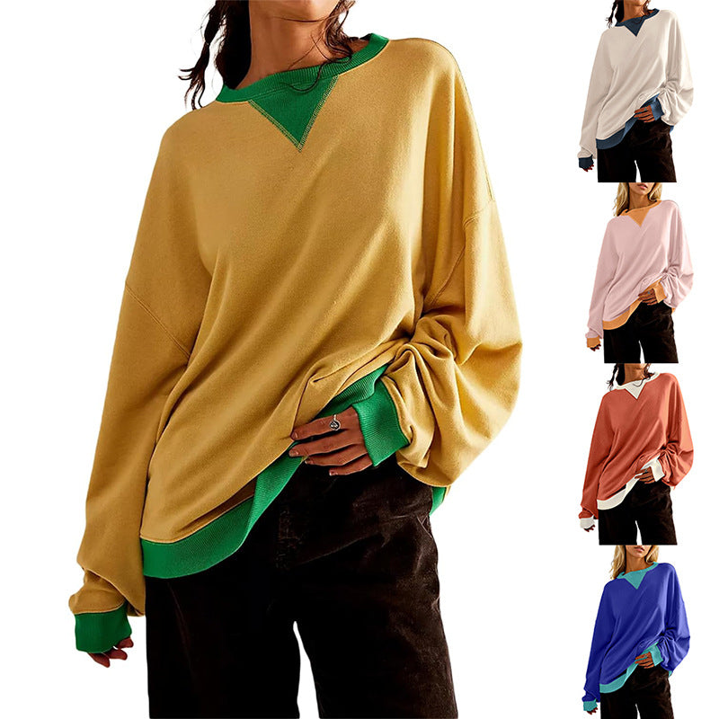 Damen lässiges Sweatshirt mit V-Ausschnitt und Kontrastbündchen WW
