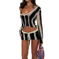 Damen Strick-Crop-Top und Rock Set mit einzigartigem Häkelmuster WW