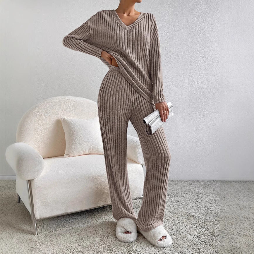 Damen Strick-Loungewear Set mit Rippenstruktur und V-Ausschnitt WW