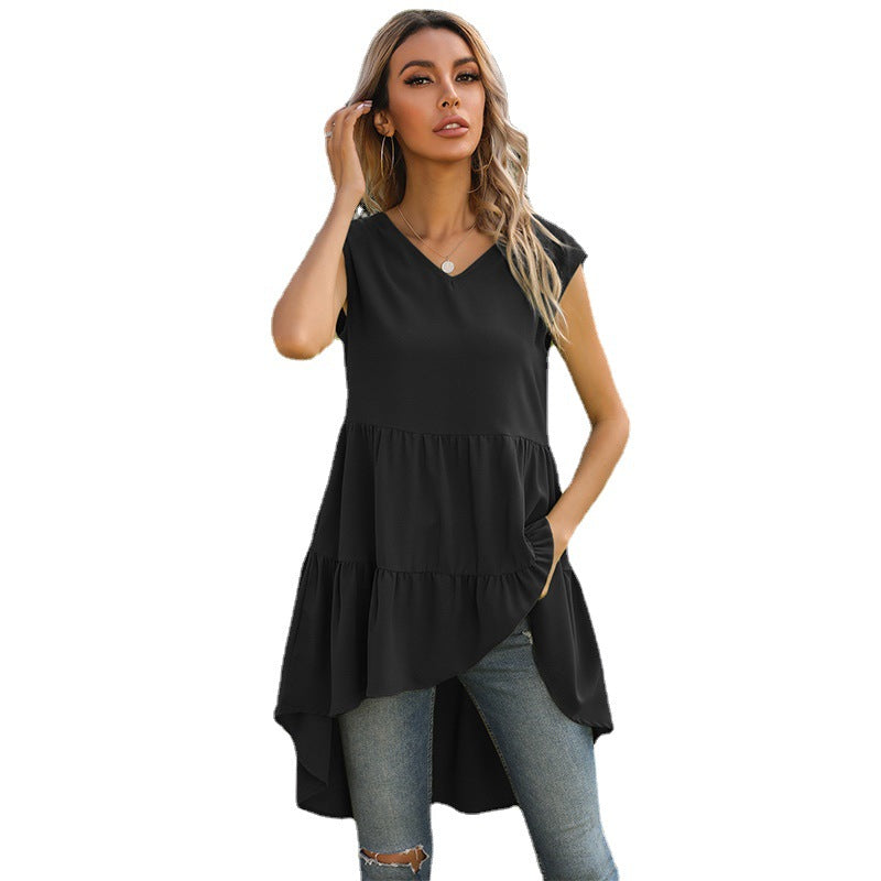 Damen ärmelloses Tunika-Kleid mit asymmetrischem Saum und schickem Volant WW