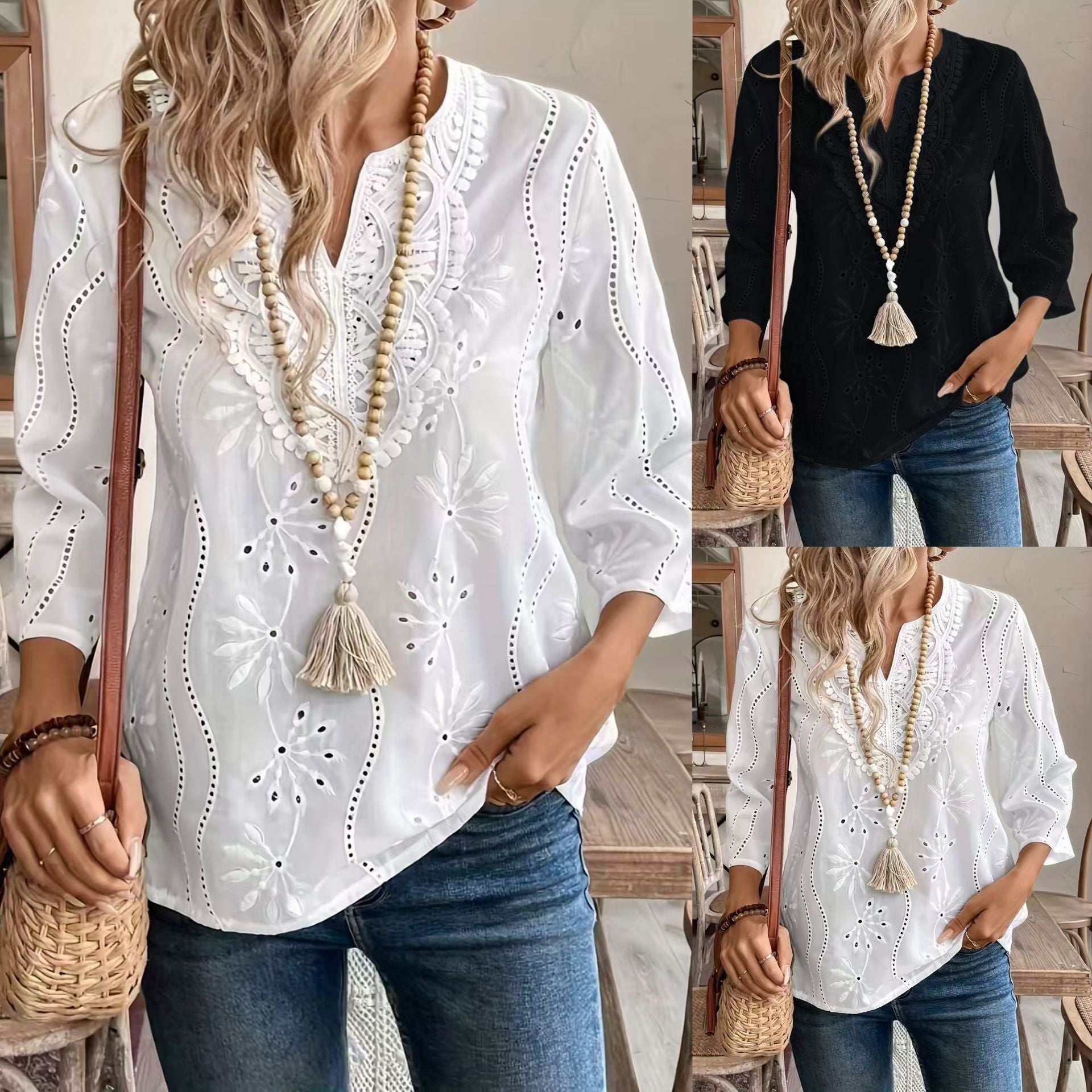 Damen bestickte Bohemian Bluse mit Dreiviertelärmeln WW