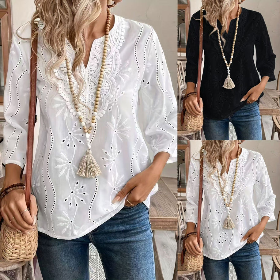 Damen bestickte Bohemian Bluse mit Dreiviertelärmeln WW