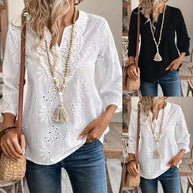 Damen bestickte Bohemian Bluse mit Dreiviertelärmeln WW
