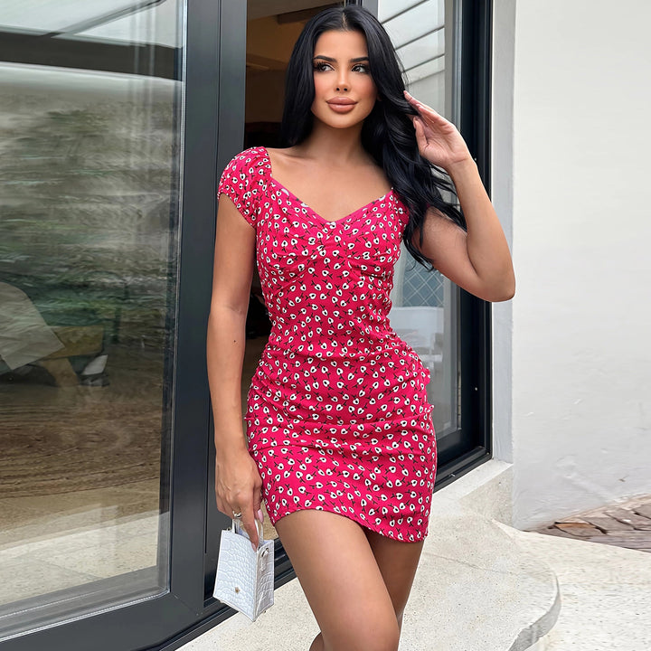 Damen Blütenmuster Mini-Kleid mit Puffärmeln W&W Mode