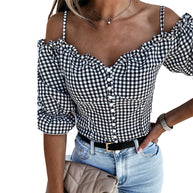 Damen Off-Shoulder Bluse mit Rüschendetails und Karomuster WW