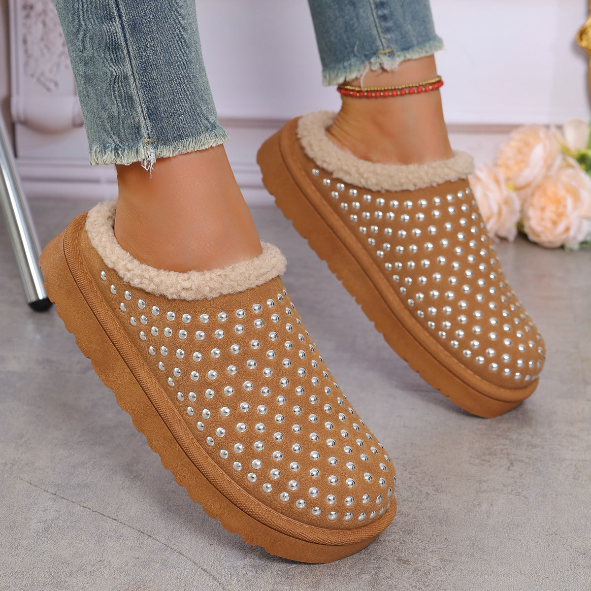 Damen Hausschuhe mit Glitzerakzenten und kuscheligem Innenfutter WW